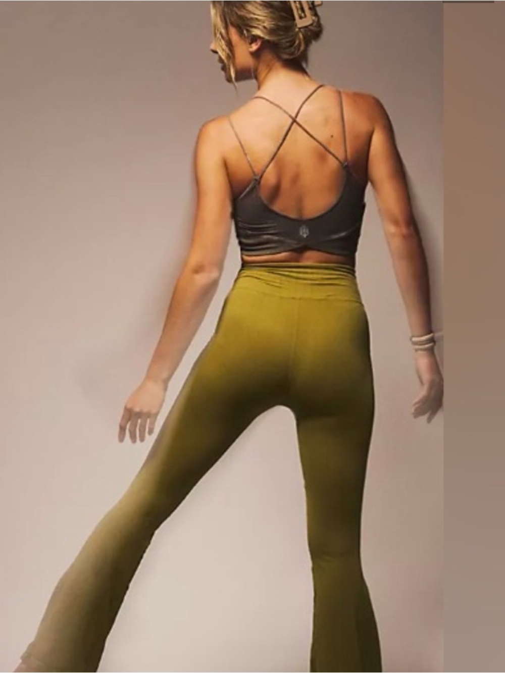 Free People Olive Green High Waisted Flare Leg Yoga Pants